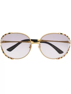 Gucci Eyewear 002 GOLD GOLD GREY Lunettes De Soleil à Monture Ronde Rayée Femme