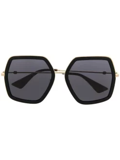 Gucci Eyewear 001 BLACK GOLD GREY Lunettes De Soleil à Monture Oversize Femme