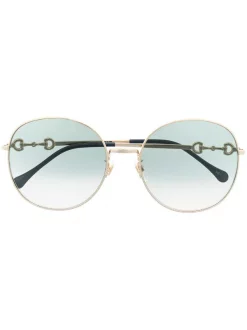 Gucci Eyewear 003 GOLD GREEN Lunettes De Soleil Horsebit à Monture Ronde Femme