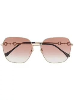 Gucci Eyewear 003 GOLD GOLD BLUE Lunettes De Soleil Horsebit à Monture Carrée Femme